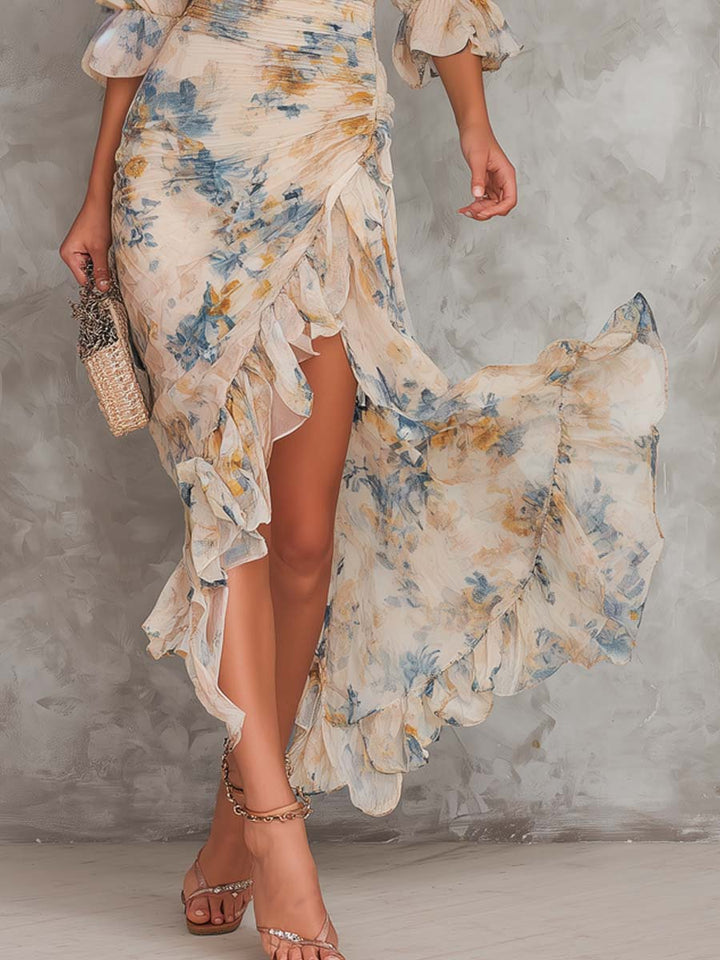 Elise | Beige Turtleneck Oil Painting Floral Print Irregular Chiffon Maxi Dress - Helen & Olivia Manhattan