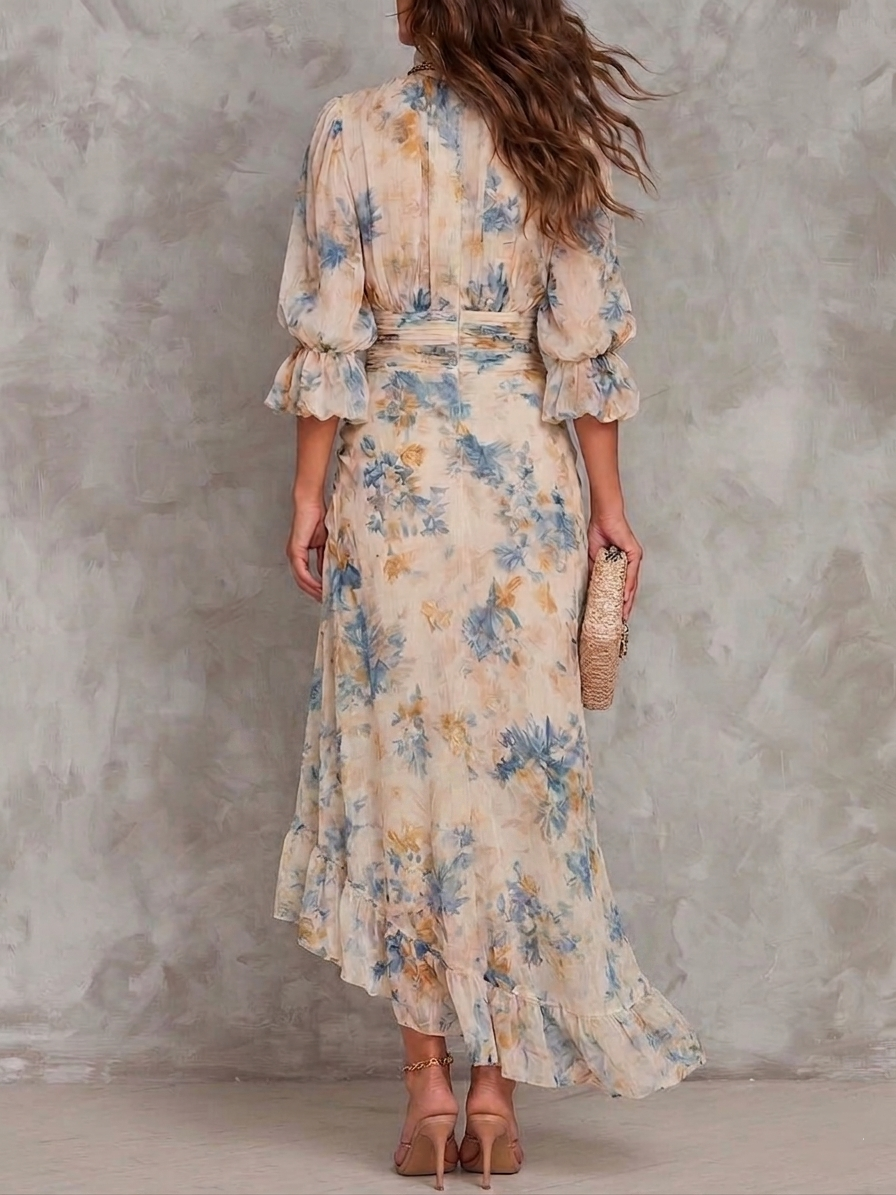 Elise | Beige Turtleneck Oil Painting Floral Print Irregular Chiffon Maxi Dress - Helen & Olivia Manhattan