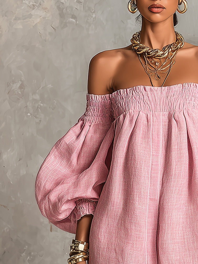 Emily | Pink Trapeze Mini Dress with Lantern Sleeves & Off-Shoulder Neckline