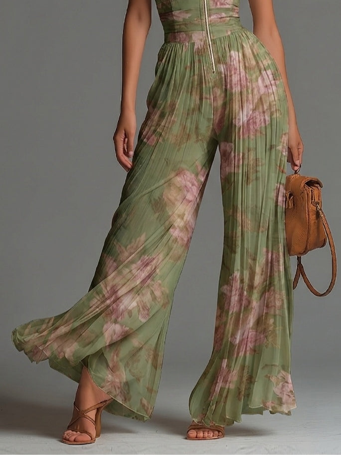 Sylvie | Green Floral V-neck Sleeveless Zip-up Pleated Wide-leg Chiffon Jumpsuit - Helen & Olivia Manhattan