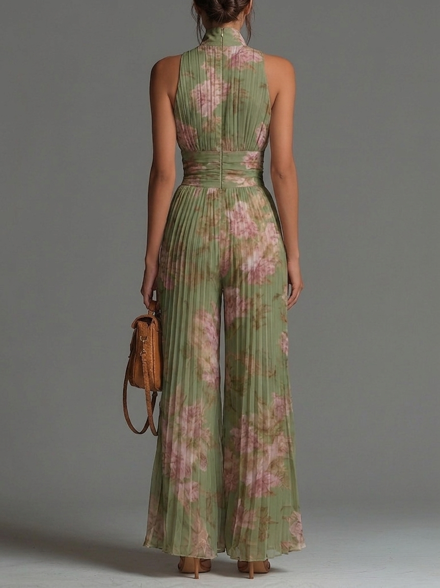 Sylvie | Green Floral V-neck Sleeveless Zip-up Pleated Wide-leg Chiffon Jumpsuit - Helen & Olivia Manhattan