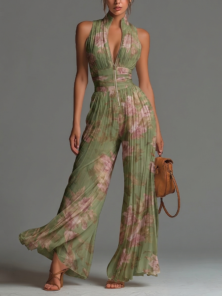Sylvie | Green Floral V-neck Sleeveless Zip-up Pleated Wide-leg Chiffon Jumpsuit - Helen & Olivia Manhattan
