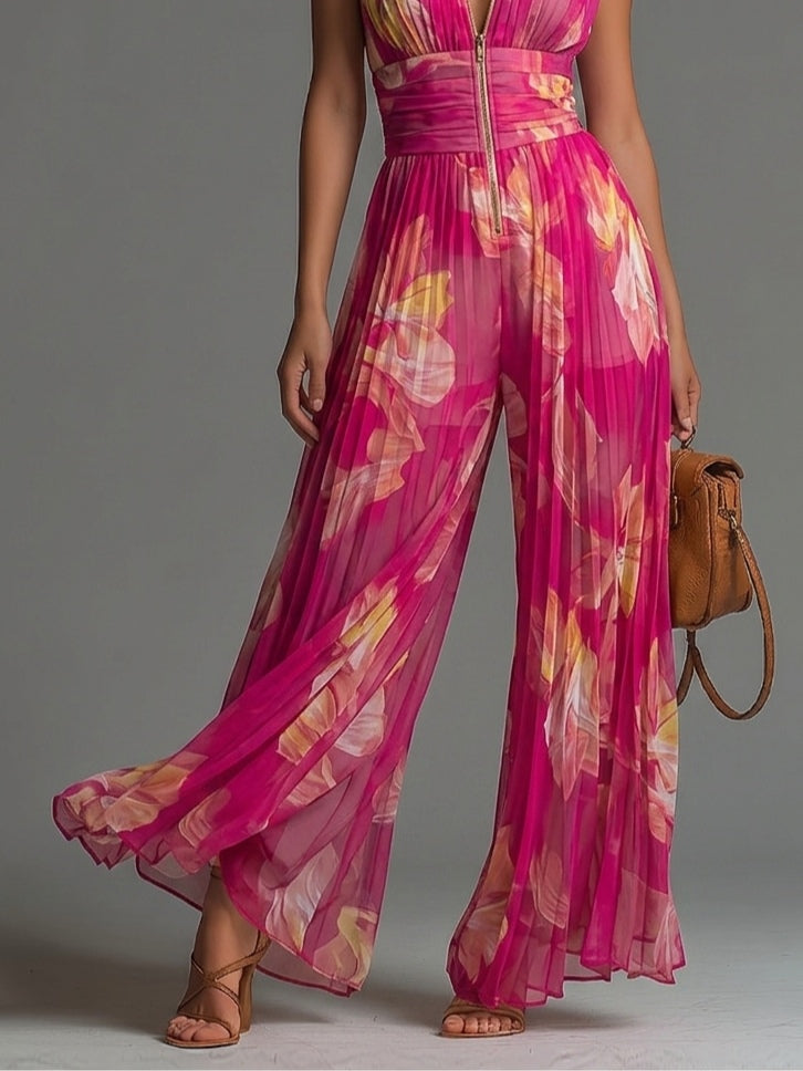 Leabella | Fuchsia Floral Plissierter Jumpsuit - Helen & Olivia Manhattan