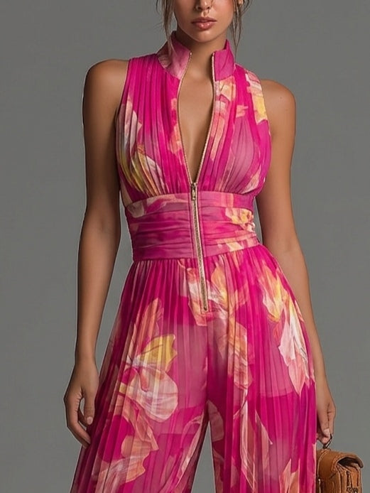 Luna | Fuchsia Floral Print Sleeveless Zippered Pleated Wide-leg Chiffon Jumpsuit - Helen & Olivia Manhattan