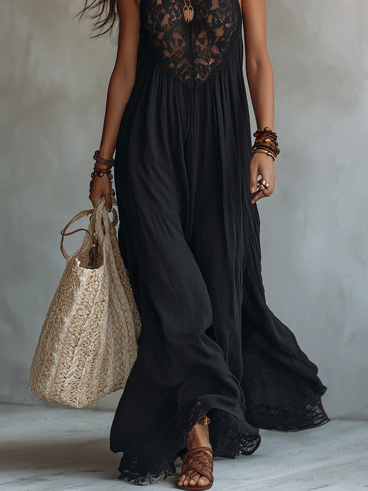 Rosie | Bohemian Black Sleeveless Lace-Trimmed Maxi Dress - Helen & Olivia Manhattan