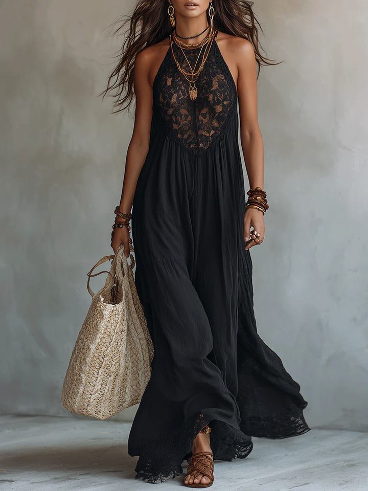 Rosie | Bohemian Black Sleeveless Lace-Trimmed Maxi Dress - Helen & Olivia Manhattan