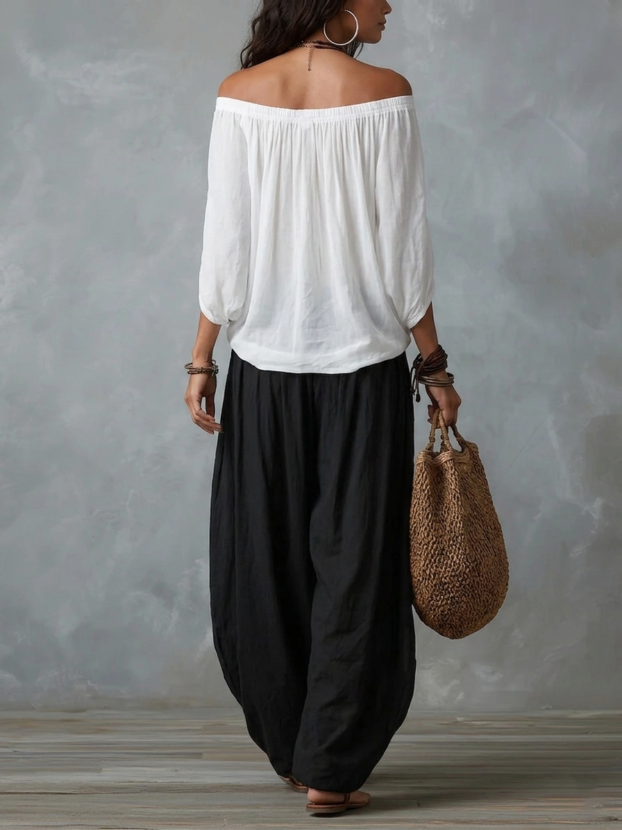 Lena | White Off-the-shoulder Top And Loose-fitting Lantern Pants Set - Helen & Olivia Manhattan