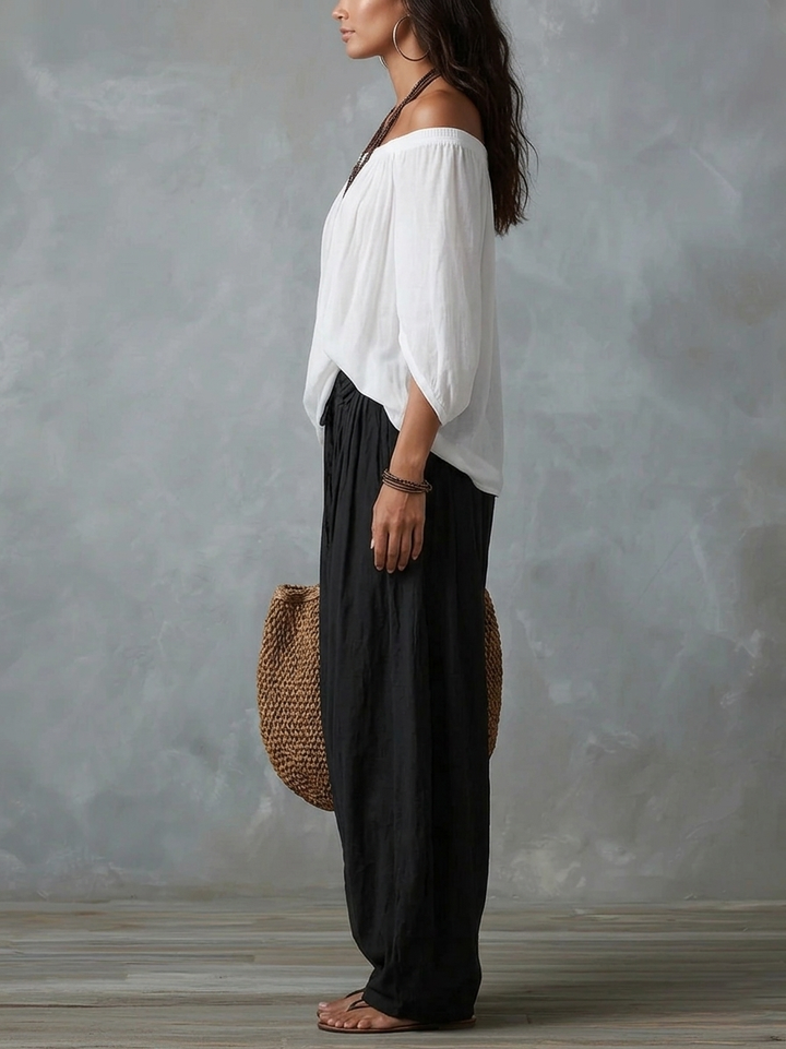 Lena | White Off-the-shoulder Top And Loose-fitting Lantern Pants Set - Helen & Olivia Manhattan