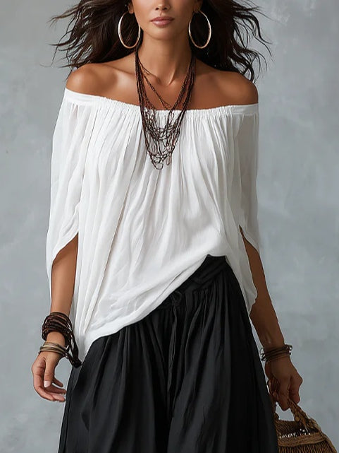 Lena | White Off-the-shoulder Top And Loose-fitting Lantern Pants Set - Helen & Olivia Manhattan