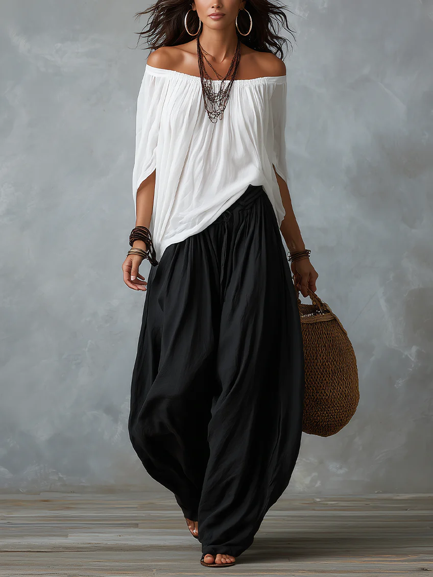 Lena | White Off-the-shoulder Top And Loose-fitting Lantern Pants Set - Helen & Olivia Manhattan