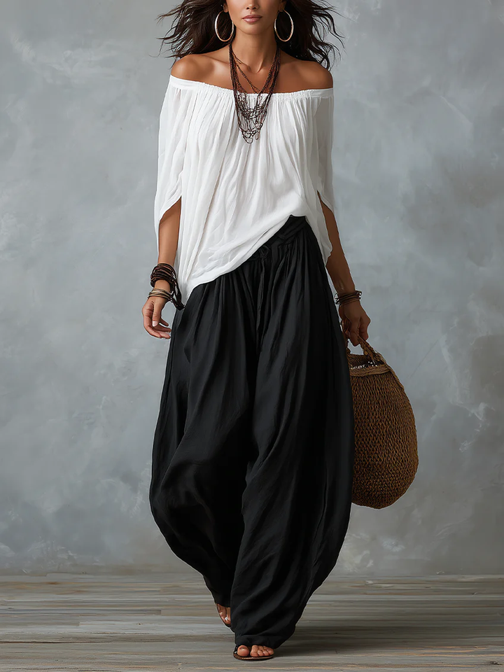 Lena | White Off-the-shoulder Top And Loose-fitting Lantern Pants Set - Helen & Olivia Manhattan
