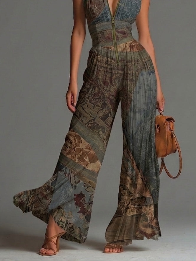 Joy | Bohemian Ethnic Print Sleeveless Zipper Pleated Wide-leg Chiffon Jumpsuit - Helen & Olivia Manhattan