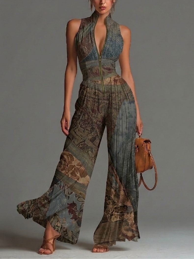 Joy | Bohemian Ethnic Print Sleeveless Zipper Pleated Wide-leg Chiffon Jumpsuit - Helen & Olivia Manhattan
