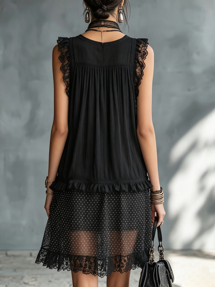 Harper | Sheer Polka Dot-Dot Ruffle Mini Dress with Black Lace Trim