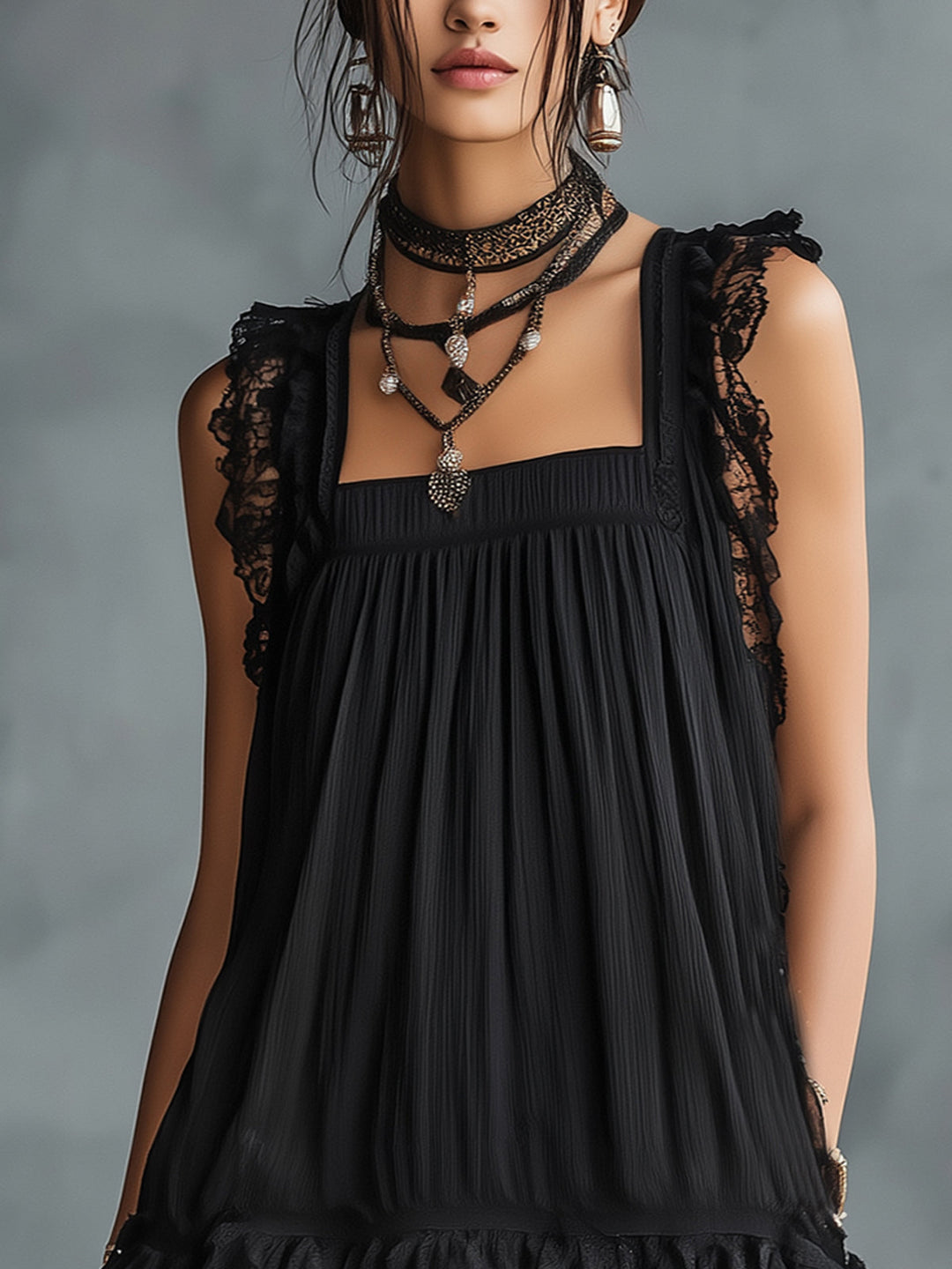 Harper | Sheer Polka Dot-Dot Ruffle Mini Dress with Black Lace Trim