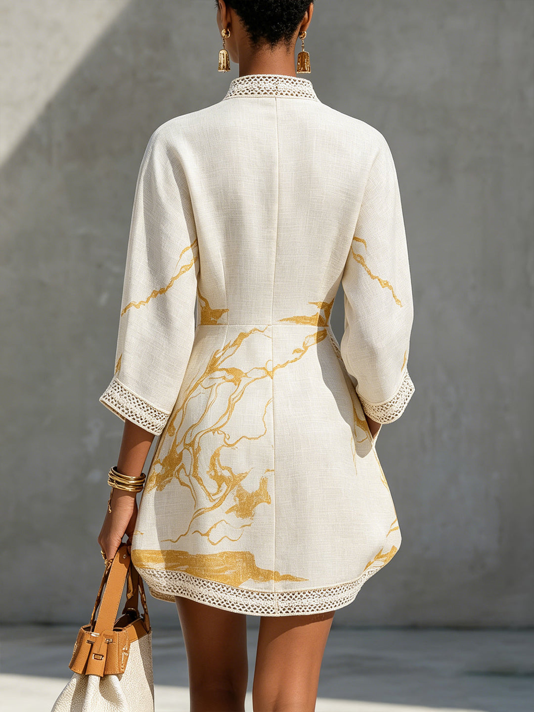 Giglio | Avorio Crochet Lace Mini Dress with Gold Motifs & V-Neck