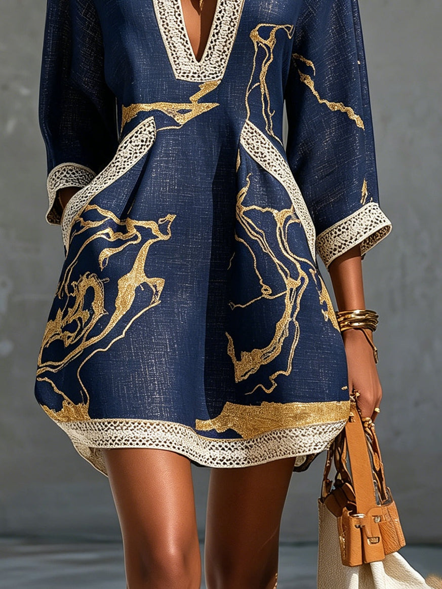 Ella | Blue Blue Navy Crochet Lace Mini Dress with Gold Motifs & V-Neck