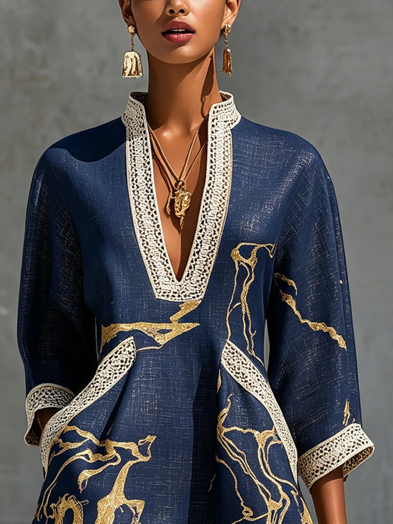 Ella | Blue Blue Navy Crochet Lace Mini Dress with Gold Motifs & V-Neck