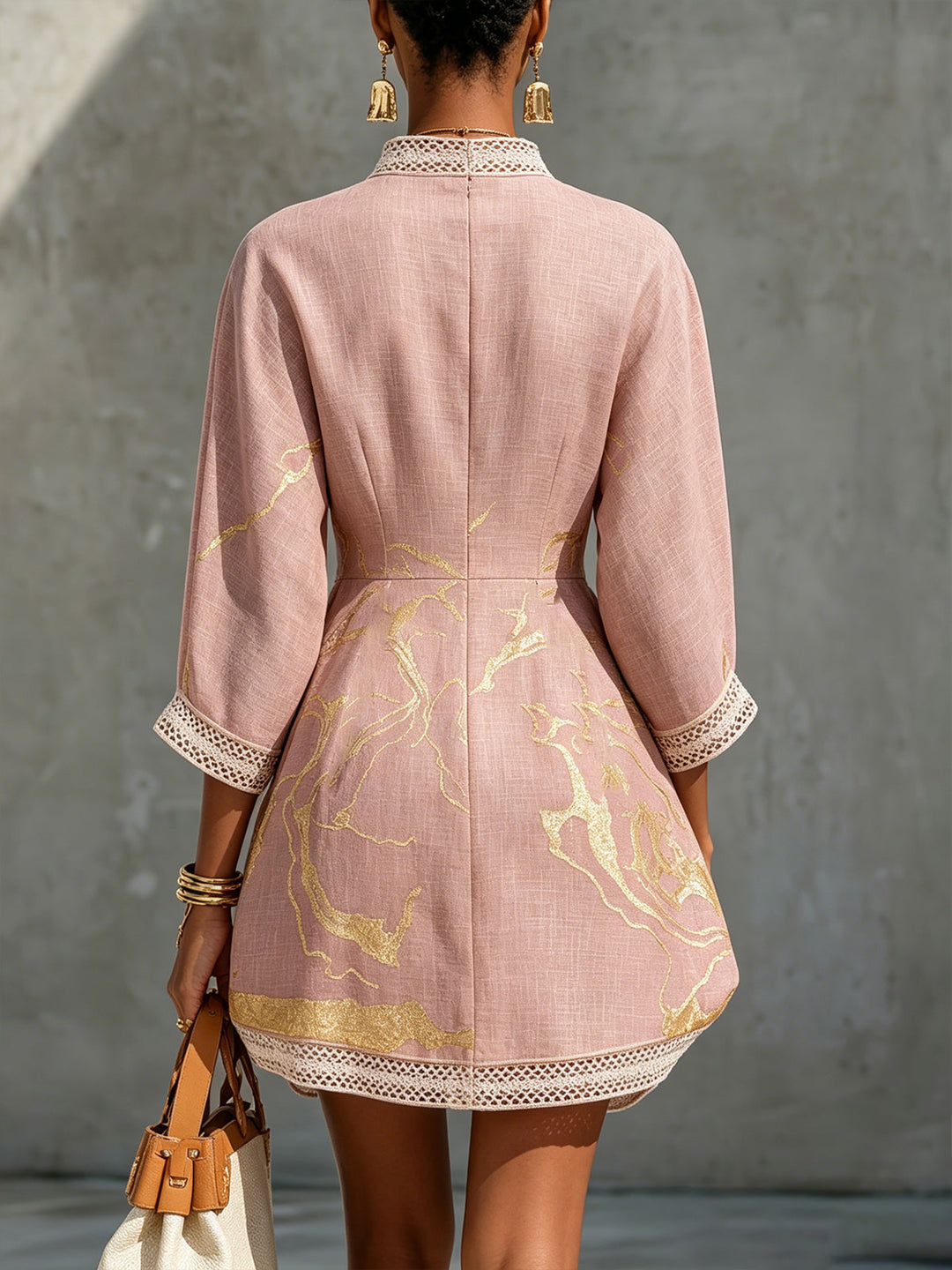 Freya | Pink Crochet Lace Mini Dress with Gold Motifs & V-Neck