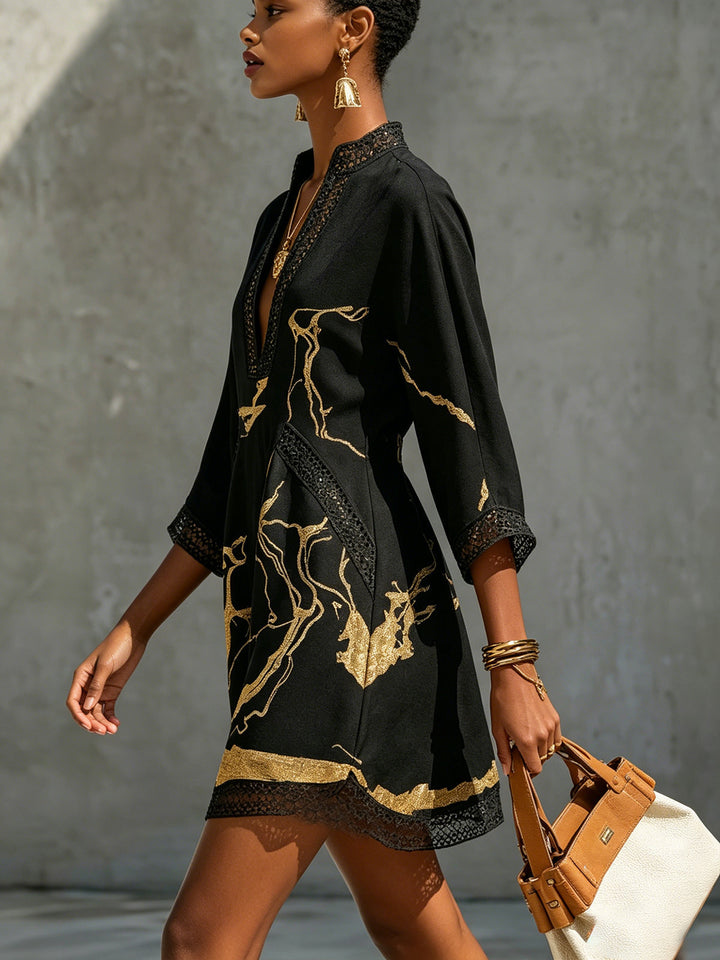 Maya | Black Crochet Lace Mini Dress with Gold Motifs & V-Neck