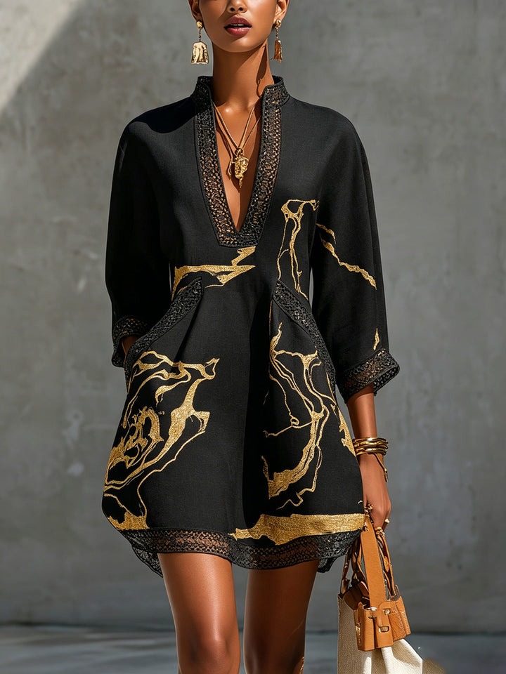 Maya | Black Crochet Lace Mini Dress with Gold Motifs & V-Neck
