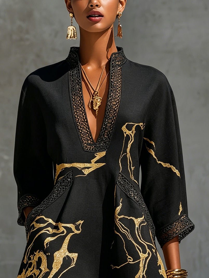Emilia | Mini Dress Black Stampa Marmo Gold & Lace Crochet
