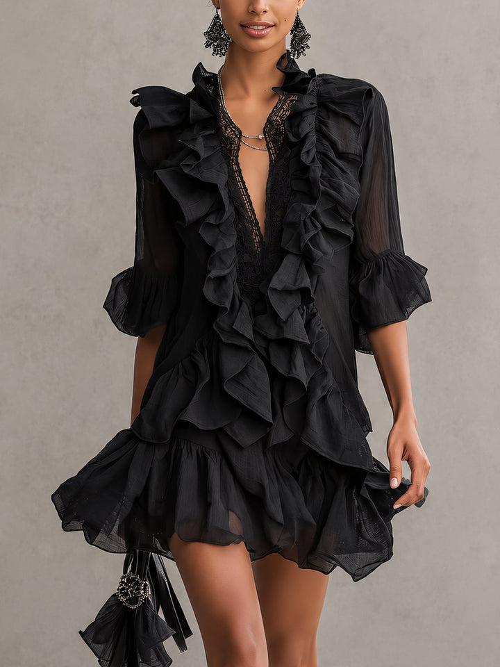 Clara | Black Raso Ruffle Mini Dress
