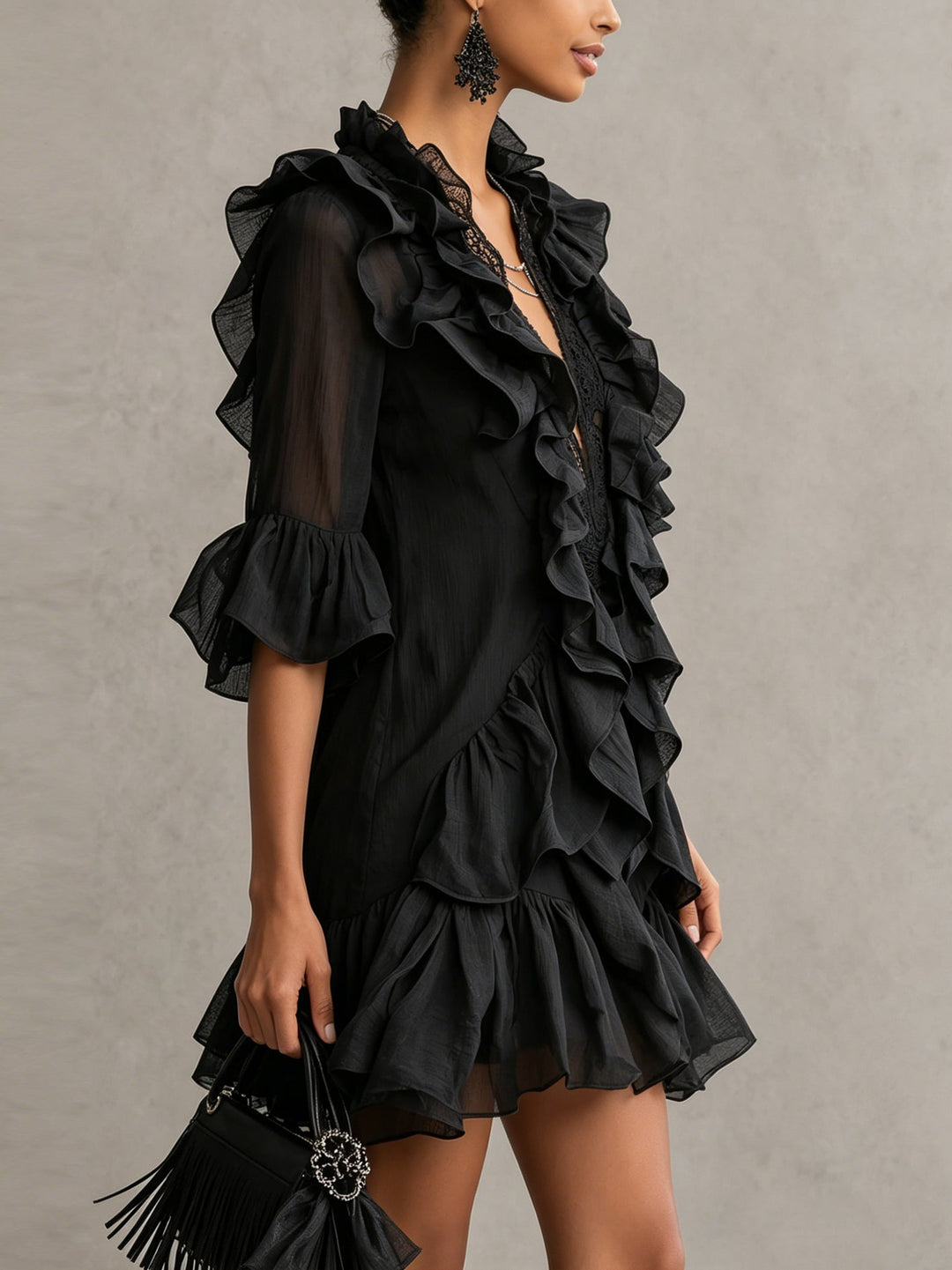 Clara | Black Raso Ruffle Mini Dress