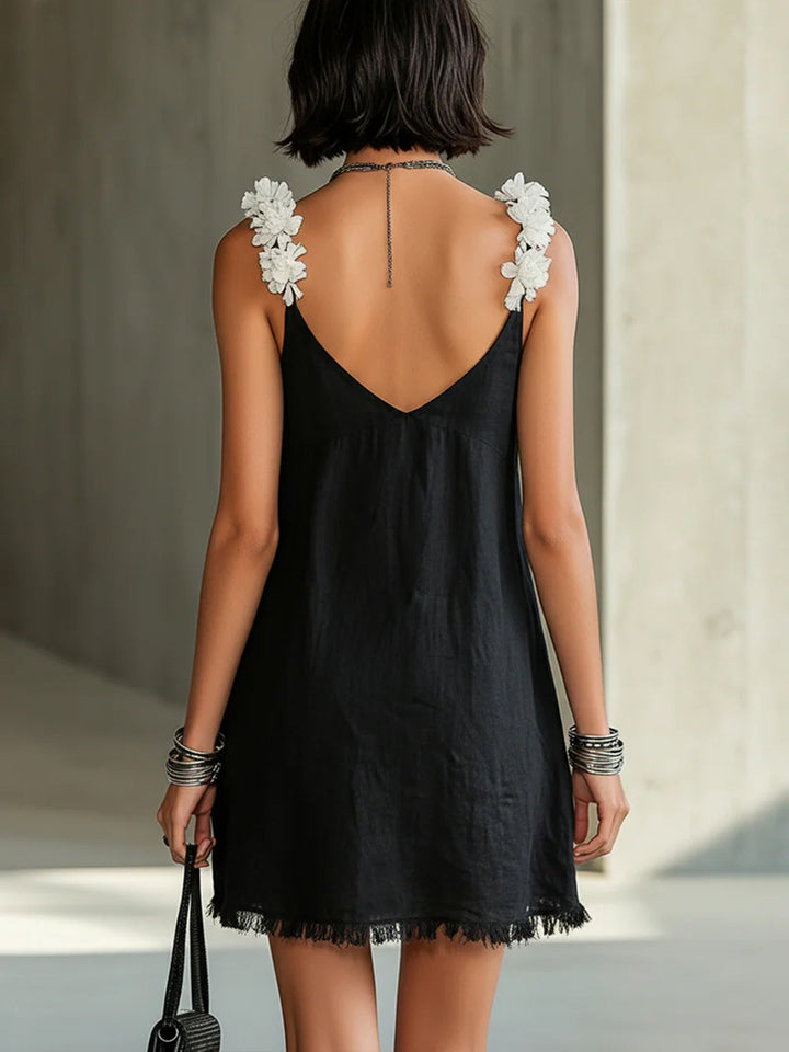 Edith | Black Mini Dress with V-Neck & Floral Straps