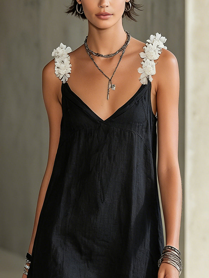 Edith | Black Mini Dress with V-Neck & Floral Straps