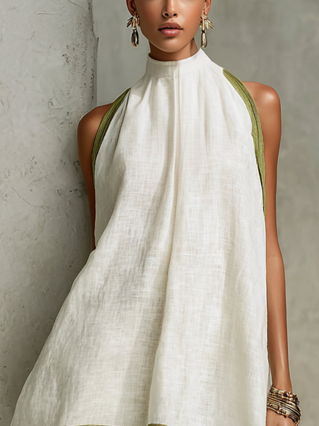 Elle | Sleeveless Floral Trapeze Mini Dress in White & Olive Green