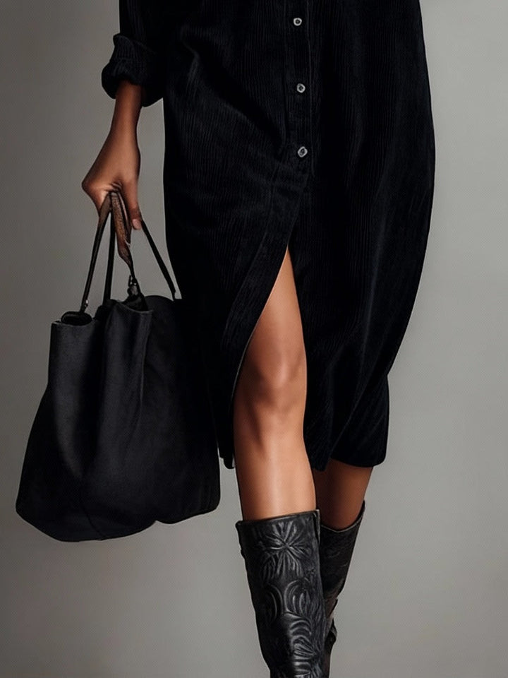 Jessy | Loose Corduroy Double Chest Pocket Breasted Midi Dress - 