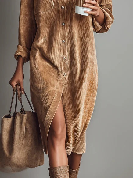 Jessy | Loose Corduroy Double Chest Pocket Breasted Midi Dress - Dark Brown