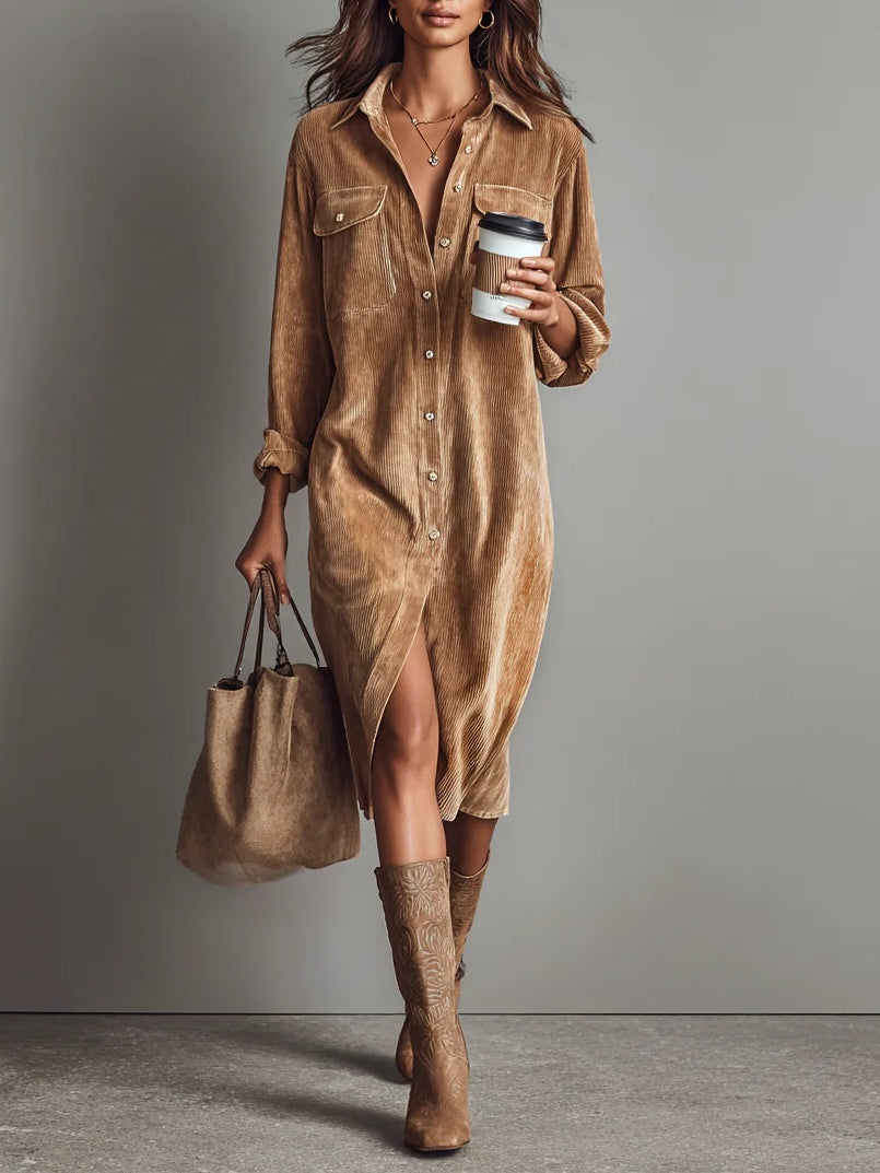 Jessy | Loose Corduroy Double Chest Pocket Breasted Midi Dress - Brown