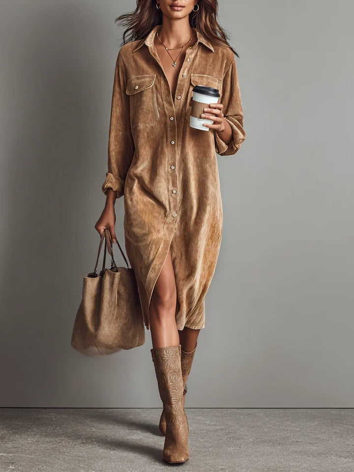 Jessy | Loose Corduroy Double Chest Pocket Breasted Midi Dress - Brown