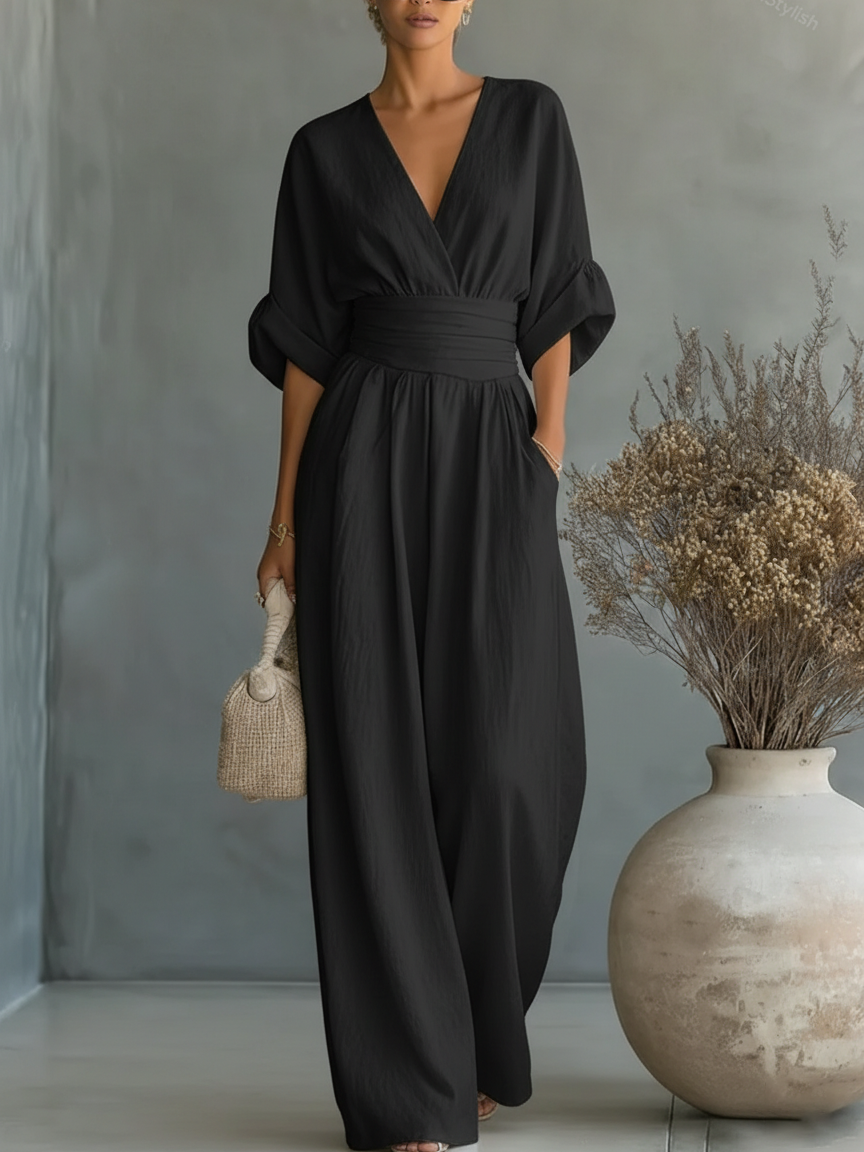 Maja | Eleganter V-Ausschnitt Hochtaillierter Jumpsuit - Helen & Olivia Manhattan