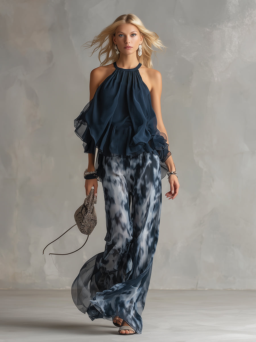 Ludovica | Elegantes Set mit hochgeschlossenem Oberteil und weit geschnittenen bedruckten Hosen - Helen & Olivia Manhattan