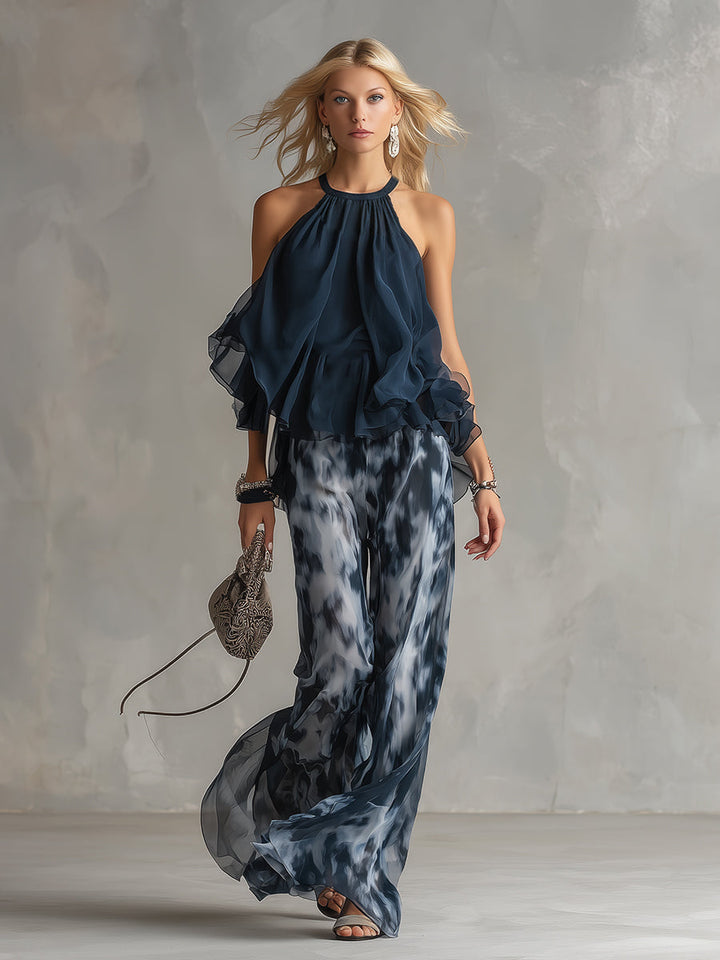 Ludovica | Elegantes Set mit hochgeschlossenem Oberteil und weit geschnittenen bedruckten Hosen - Helen & Olivia Manhattan