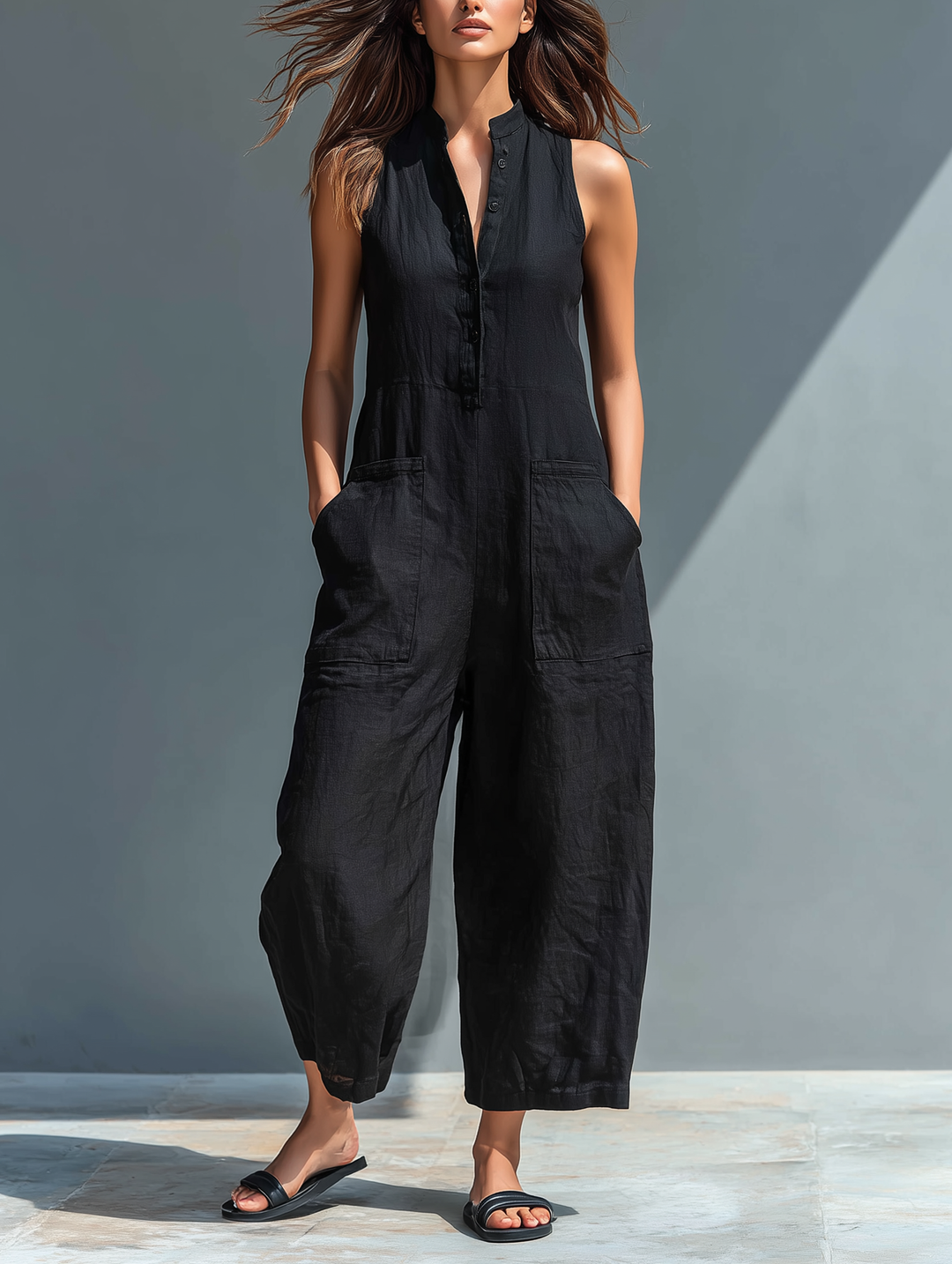 Ärmellose Leinen Latzhose - Black