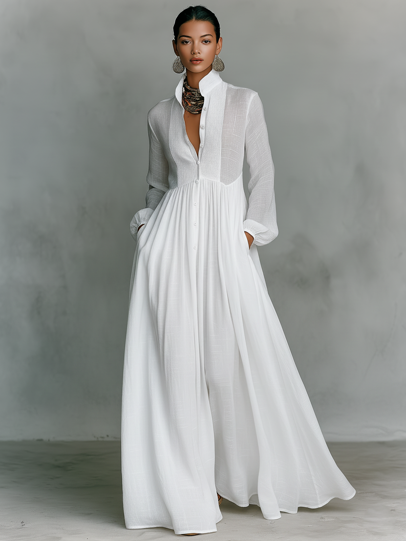 Patchwork Leinen Maxi Kleid Stehkragen - 