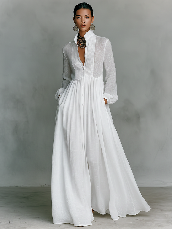 Patchwork Leinen Maxi Kleid Stehkragen - 
