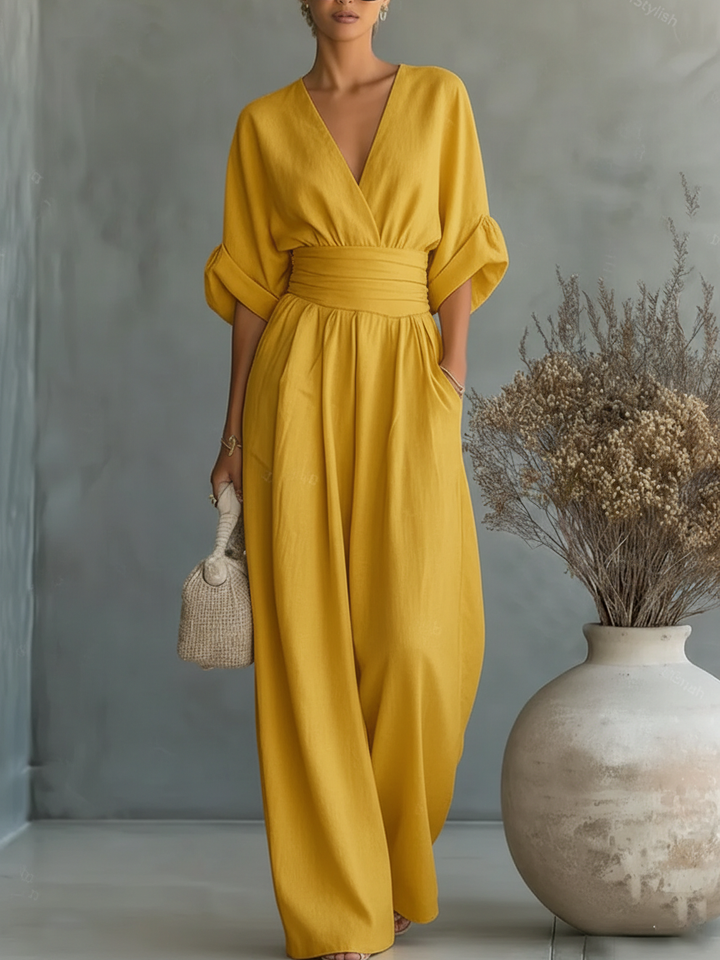 Maja | Eleganter V-Ausschnitt Hochtaillierter Jumpsuit - Helen & Olivia Manhattan