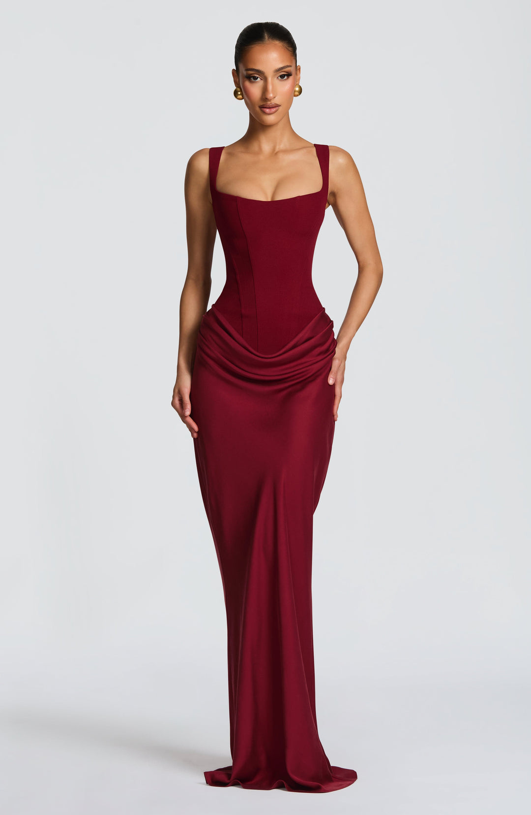 Alina | Dress Maxi in Raso with Corsetto & Neckline Square