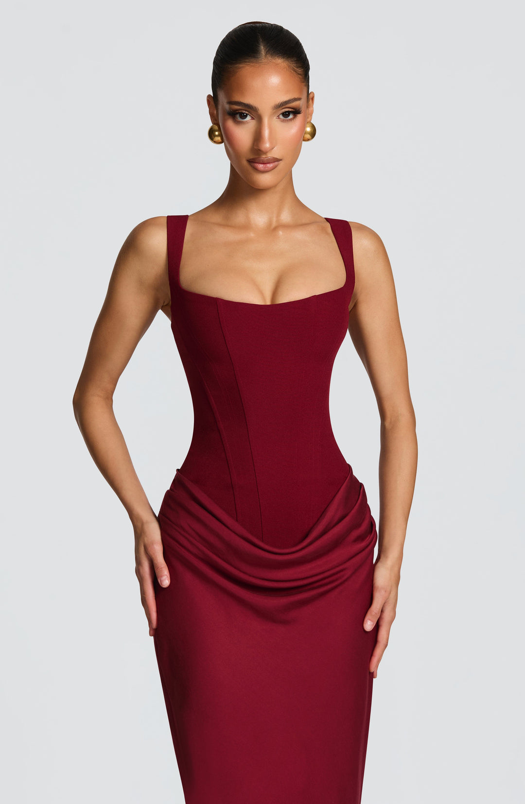 Alina | Dress Maxi in Raso with Corsetto & Neckline Square