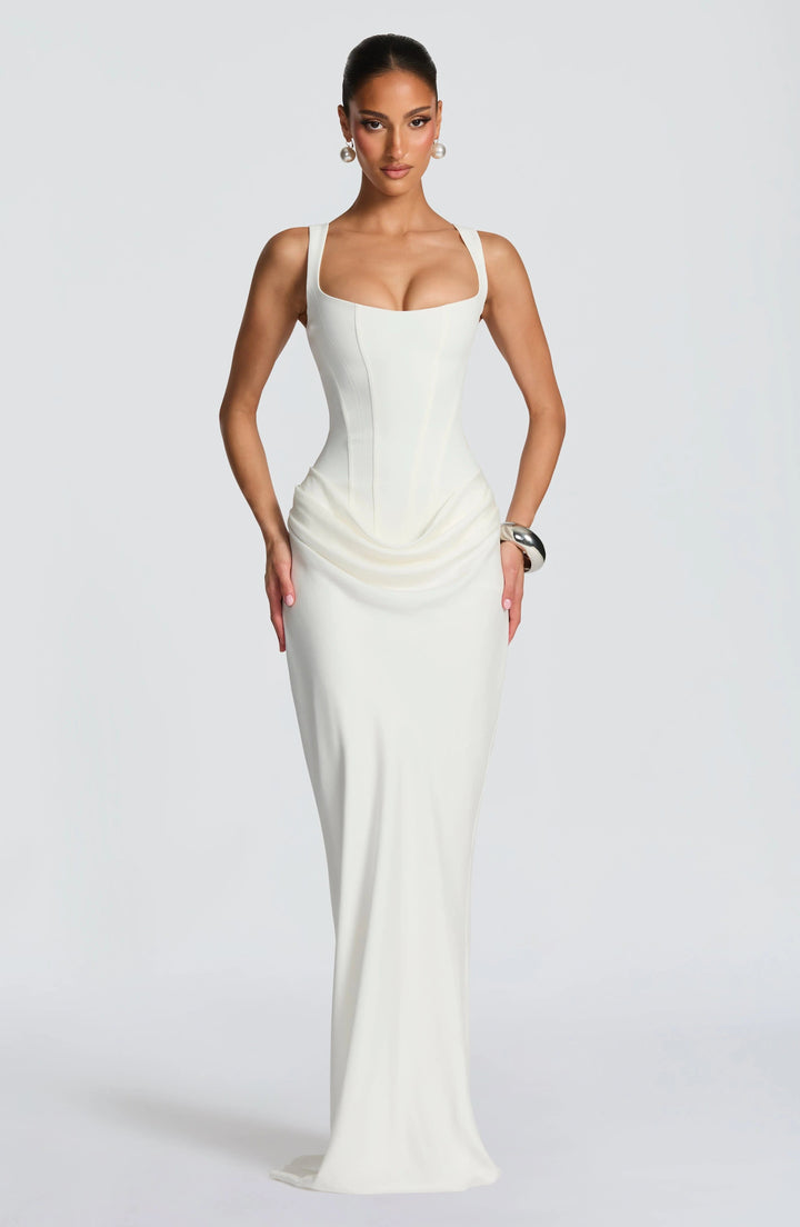 Alina | Dress Maxi in Raso with Corsetto & Neckline Square
