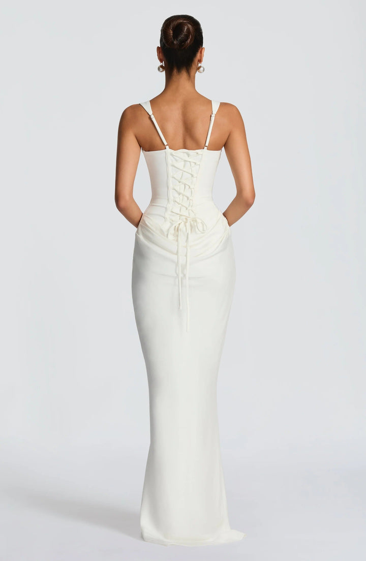 Alina | Dress Maxi in Raso with Corsetto & Neckline Square
