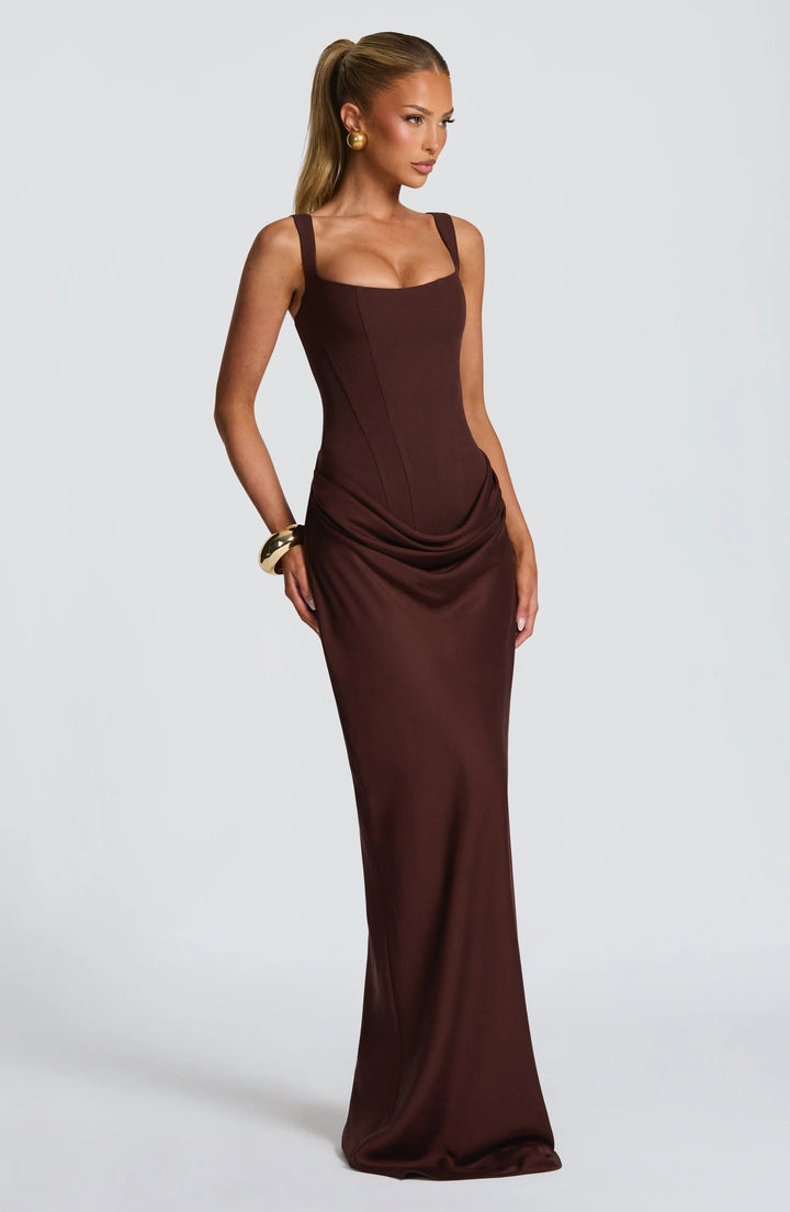 Alina | Dress Maxi in Raso with Corsetto & Neckline Square