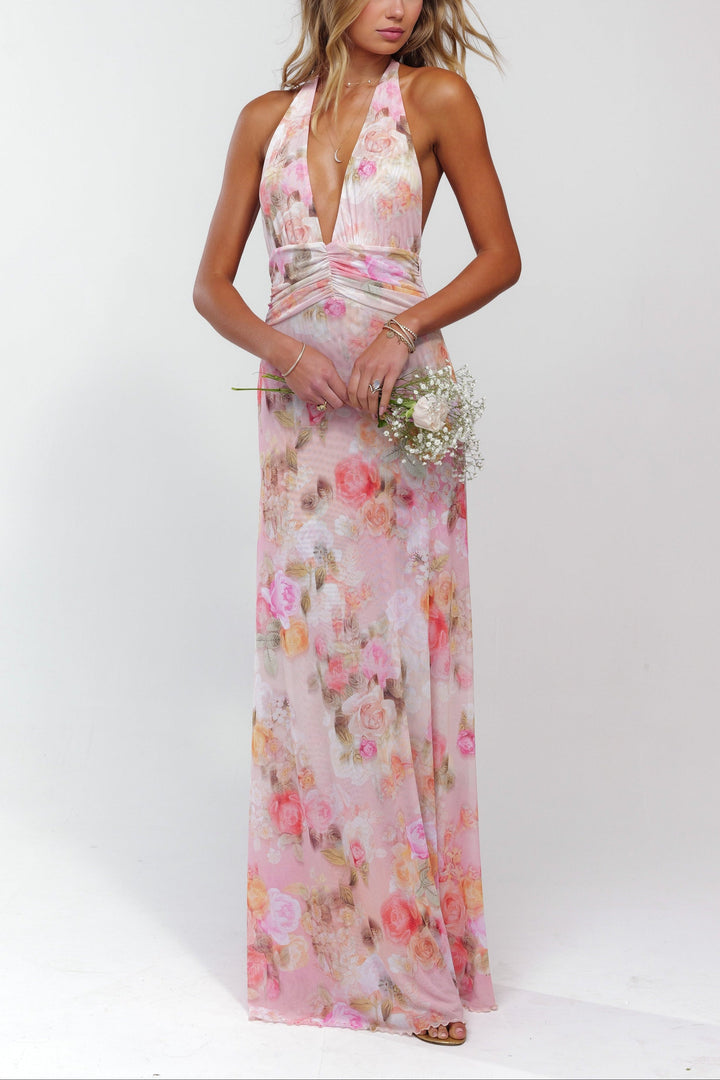 Ariadne | Dress Maxi Floral with Collo Halter & Schiena Scoperta