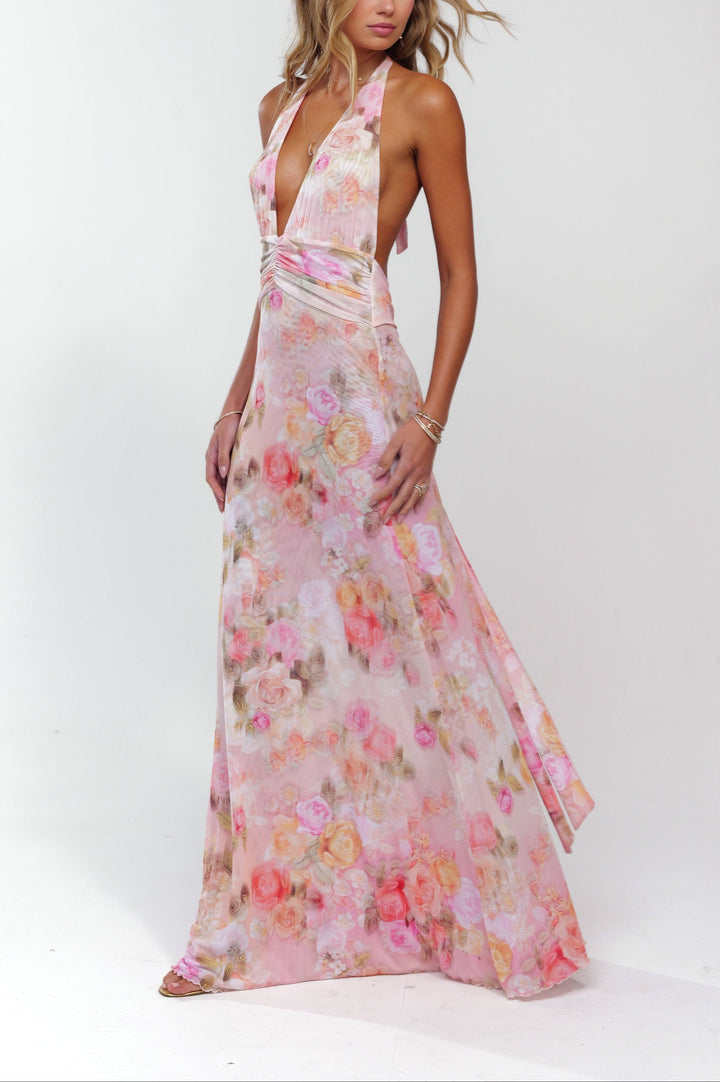 Ariadne | Dress Maxi Floral with Collo Halter & Schiena Scoperta