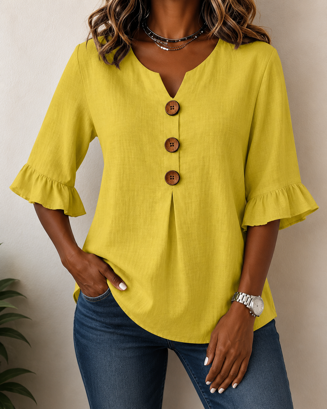 Kerria | Ruffle Sleeve Button Linen Blouse
